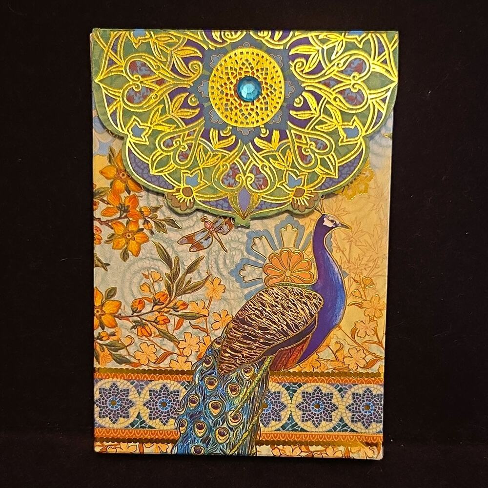 Punch Studio Royal Peacocks Decorative Pouch Note Cards Set 10 Blank Gold Foil